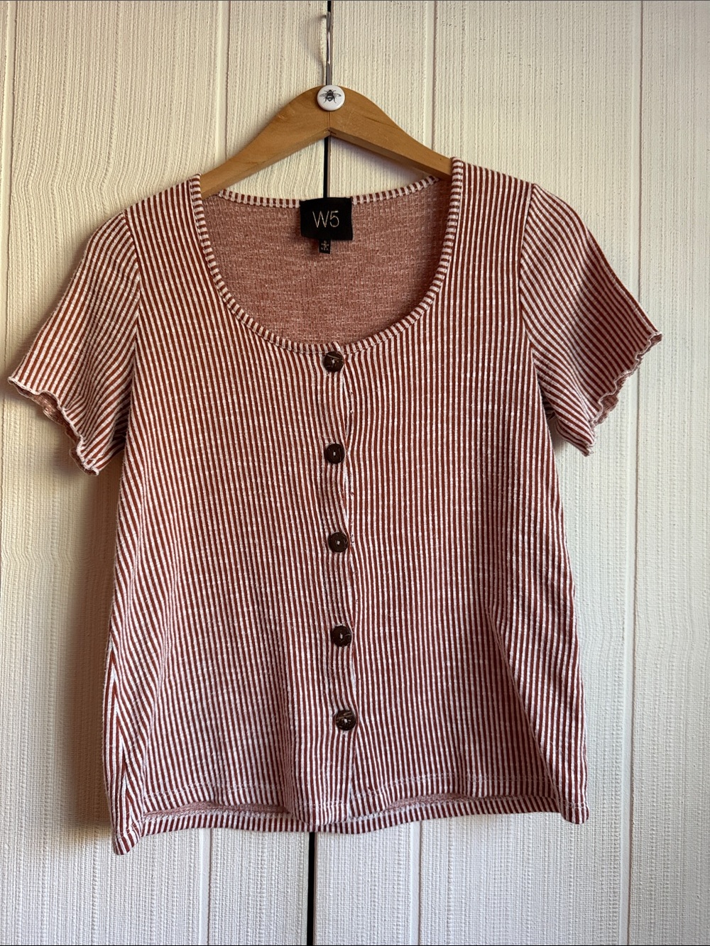 W5 Women's Rust and White Striped Button-Front Knit Top